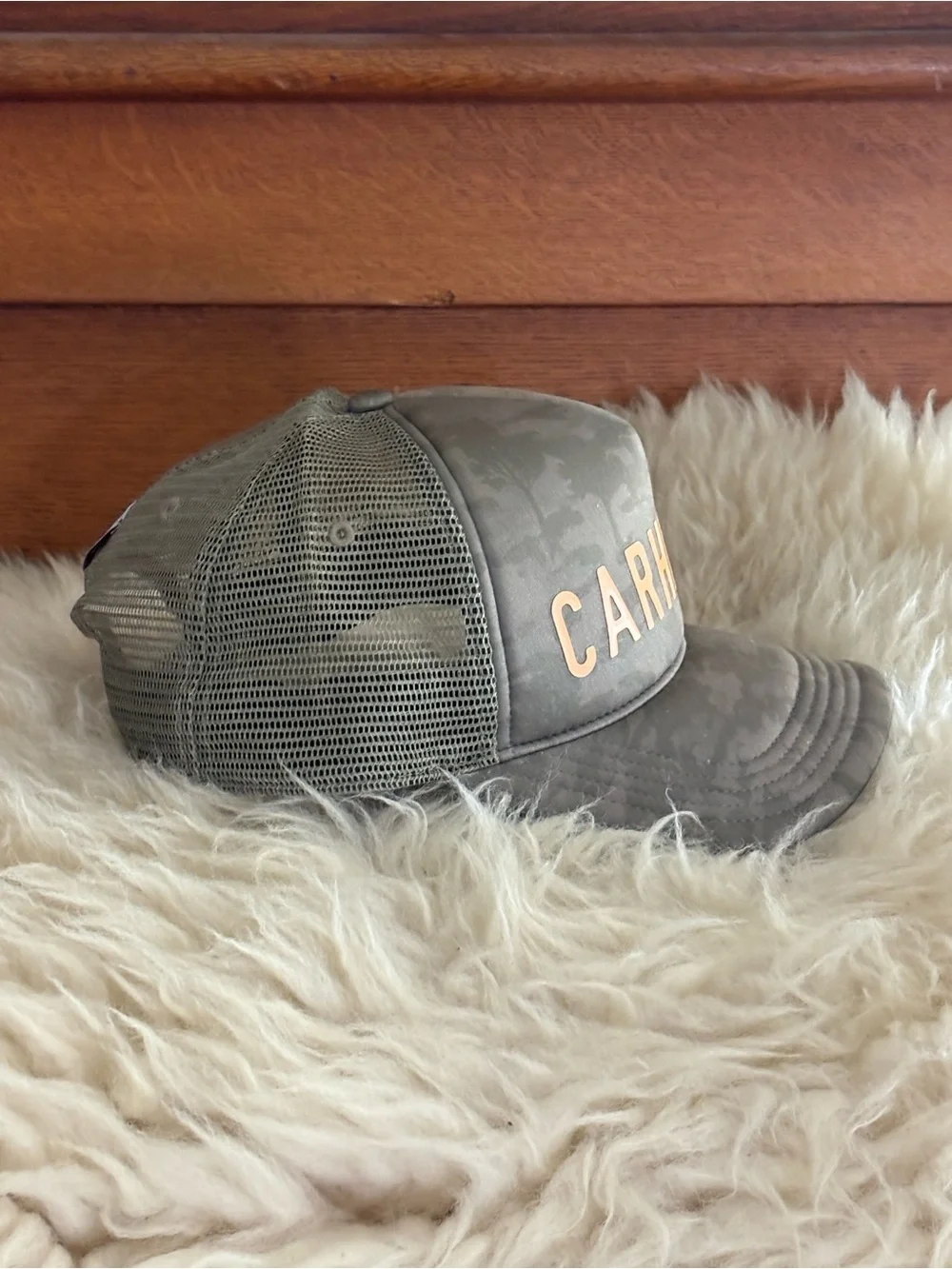 Carhartt Olive Camo Mesh Hat with Peach Logo